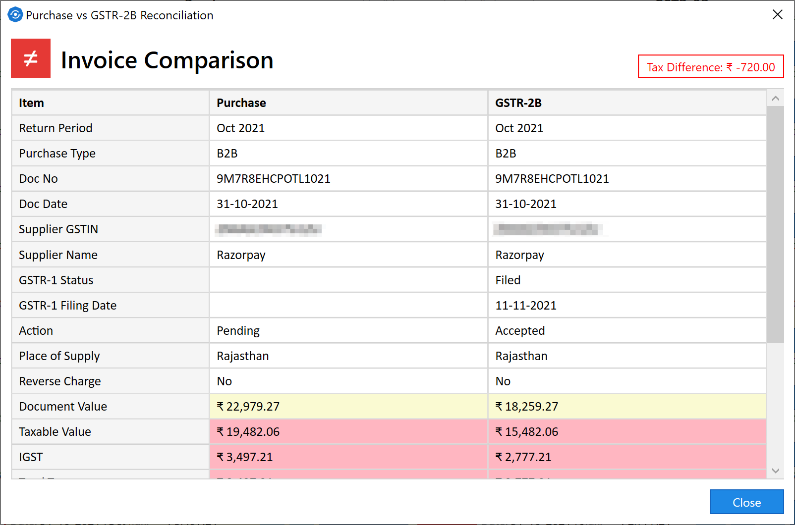 Invoice comparison