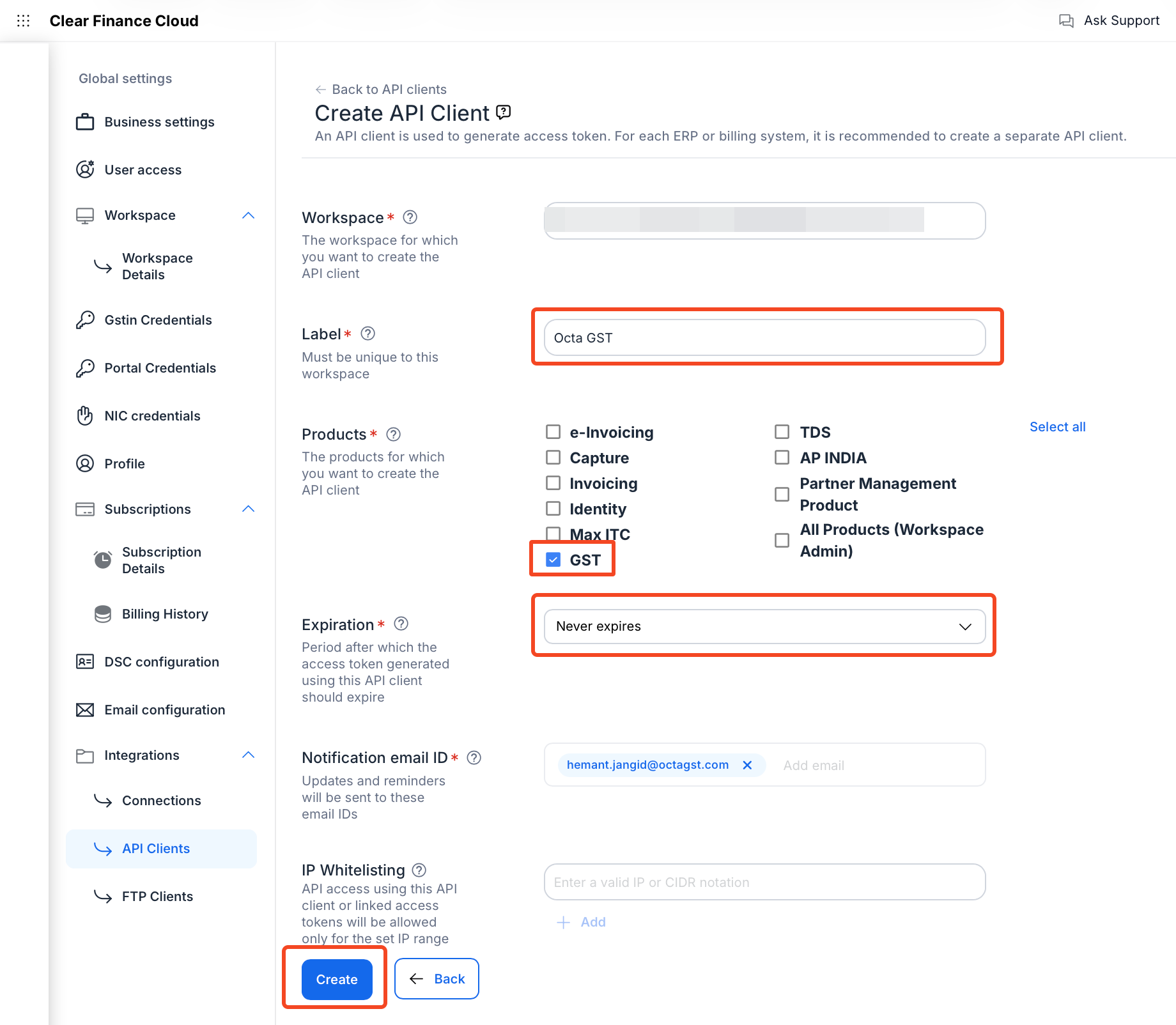 ClearTax - API client info