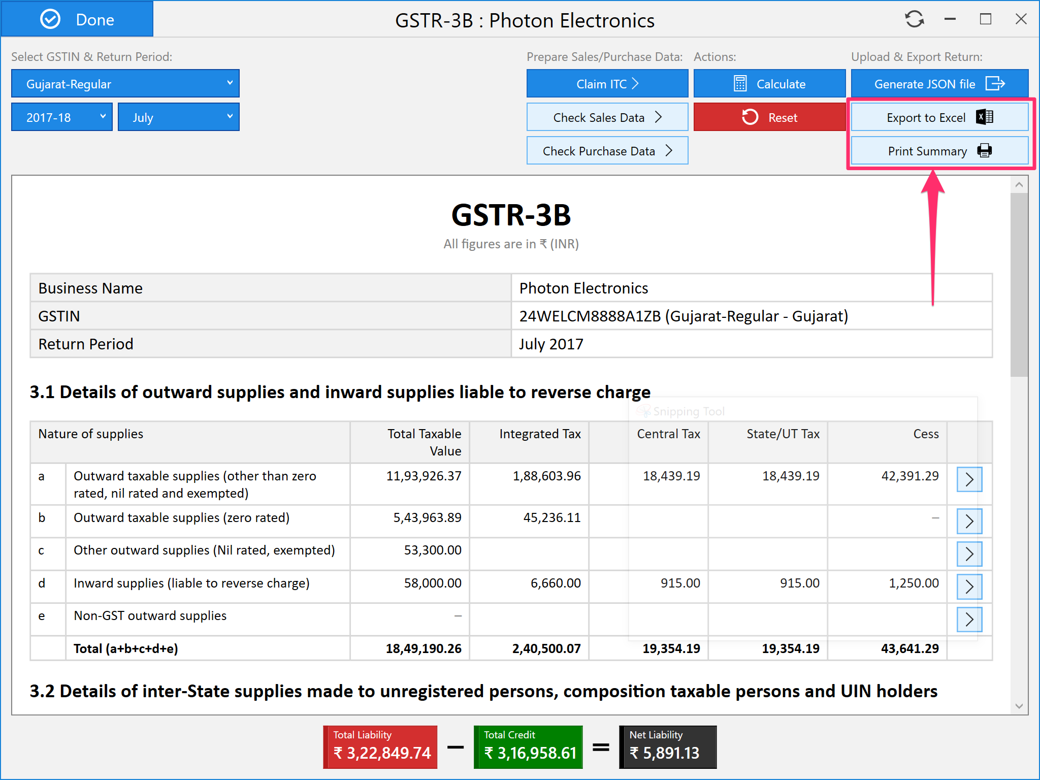 Export GSTR-3B to Excel