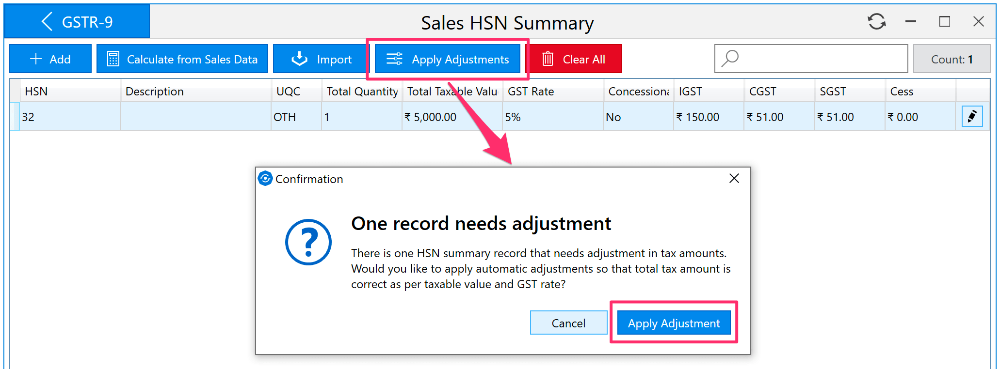 HSN summary adjustment