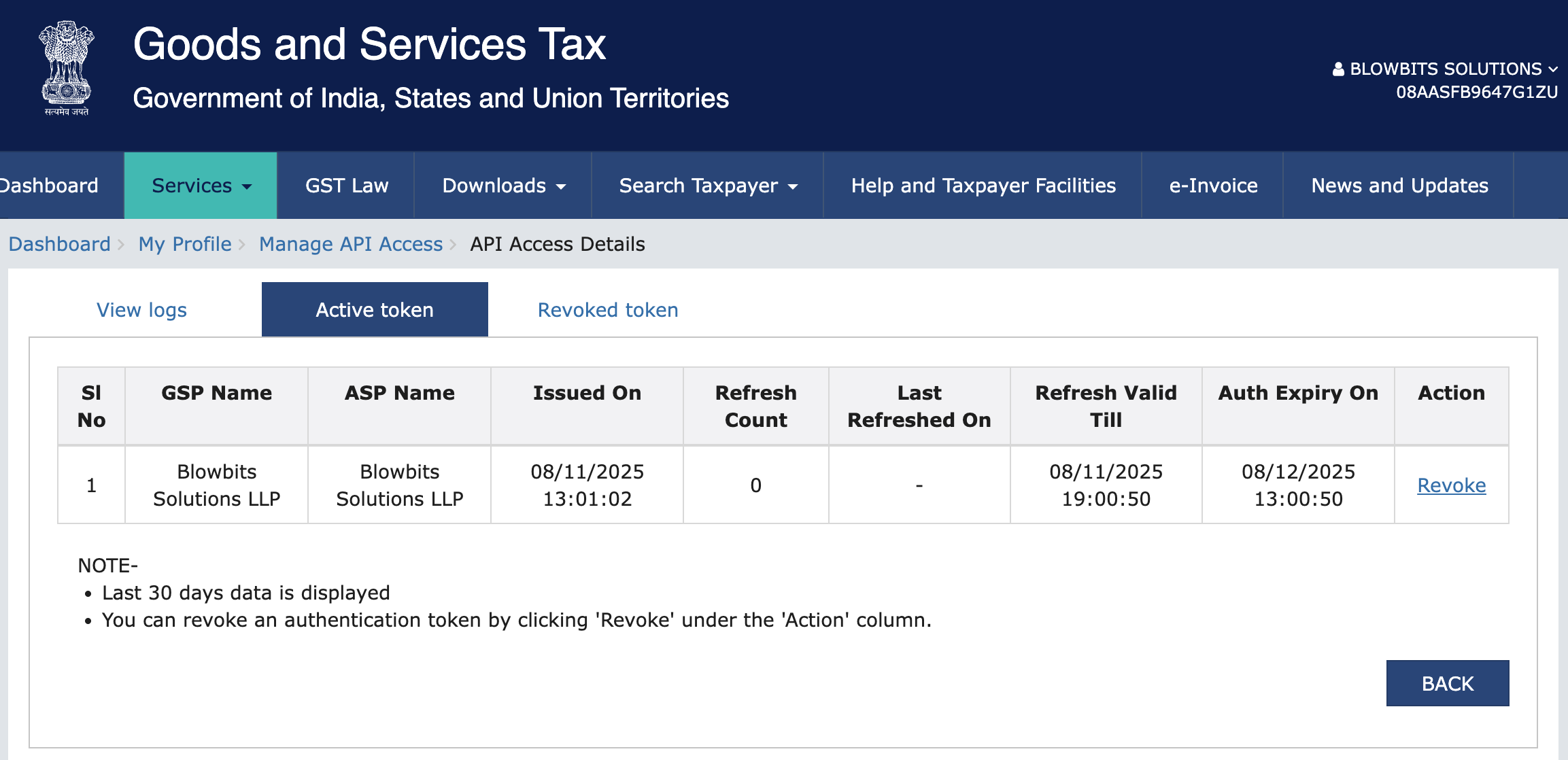 Active API tokens on Govt GST Portal