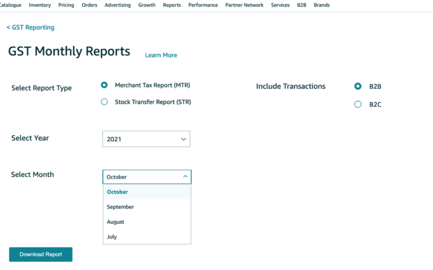 Amazon Seller Central → GST Monthly Reports